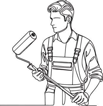 recommend clip art: Minimalist Line Drawing of Young Handyman in Construction Uniform Holding Paint Roller – Vector Illustration