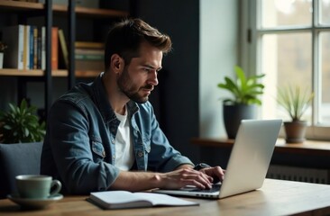 Fototapeta premium Man Focused on Work in a Cozy Home Office Setup