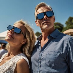 Couple enjoying a Eclipse of the Sun  outdoors while wearing sunglasses at a astronomical event