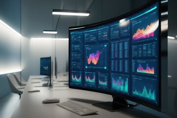 Naklejka premium An analyst uses a computer and dashboard for data business analysis and Data Management System, Customers database, gather information to report. Data science technology and digital marketing