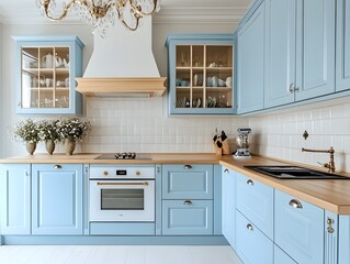 Blue and White Kitchen Island: A beautifully designed kitchen with light blue cabinets and a white farmhouse sink. The kitchen island is a focal point, featuring a wooden countertop.