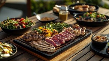 Obraz premium Colorful Spread of Grilled Meats and Fresh Vegetables