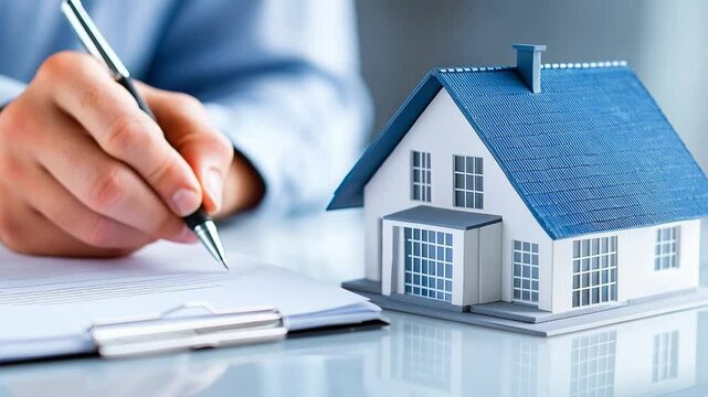 Businessman finalizes a sale agreement signing papers for a residential property with visual representation of the miniature house
