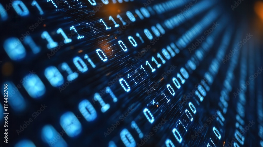 Poster blue binary code stream on dark background for technology theme