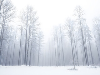 Fototapeta premium Foggy winter forest with trees covered with hoarfrost.