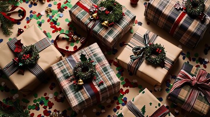 Fototapeta premium Christmas presents, gift boxes, festive decorations, holiday season, top view.