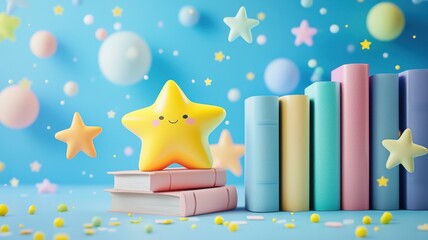 Pastel Books and Star Figurine on Blue