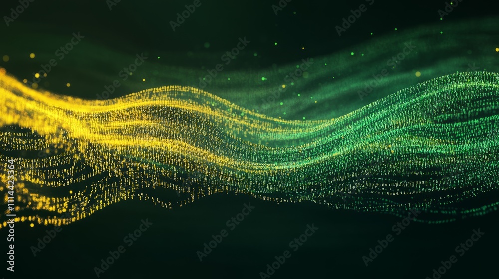 Wall mural flowing stream of binary code in green and yellow hues, representing data transfer and technology
