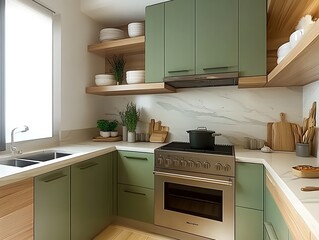 Fototapeta premium Modern Kitchen Design: Sage Green Cabinets and Natural Wood Accents 