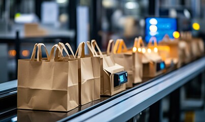 Obraz premium Automated production line with neatly arranged paper packaging bags, representing food delivery, efficiency, and modern manufacturing.