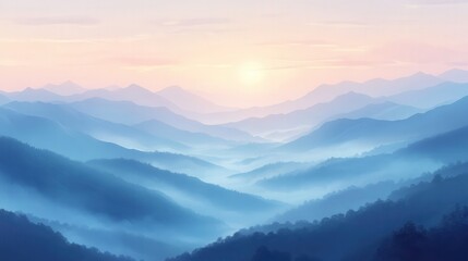 Fototapeta premium A serene landscape depicting misty mountains at sunrise, showcasing soft gradients of blue and warm hues in the sky.