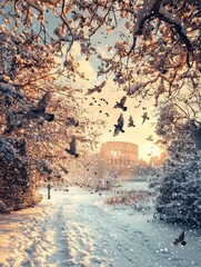 Snow-Covered Landscape with Flying Birds and Ancient Colosseum at Sunset, Capturing the Beauty of Winter in a Historic Italian Setting