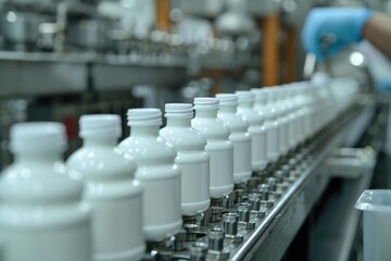 Obraz premium A row of white bottles moving along a conveyor belt, perfect for an industrial or manufacturing setting