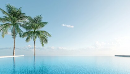 A serene infinity pool with palm trees against a clear blue sky and tranquil waters, evoking relaxation and tropical beauty.