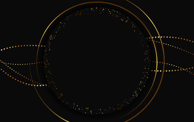 Festive advertising dark vector illustration background with golden dust, garland beads and round banner