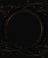 Festive advertising dark vector illustration background with golden dust, garland beads and round banner