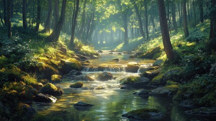 Obraz premium A serene forest scene with a clear stream flowing through lush greenery, sunlight filtering through the trees, creating a tranquil, natural atmosphere.