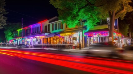 Obraz premium Vibrant colorful night street scene with illuminated shops.