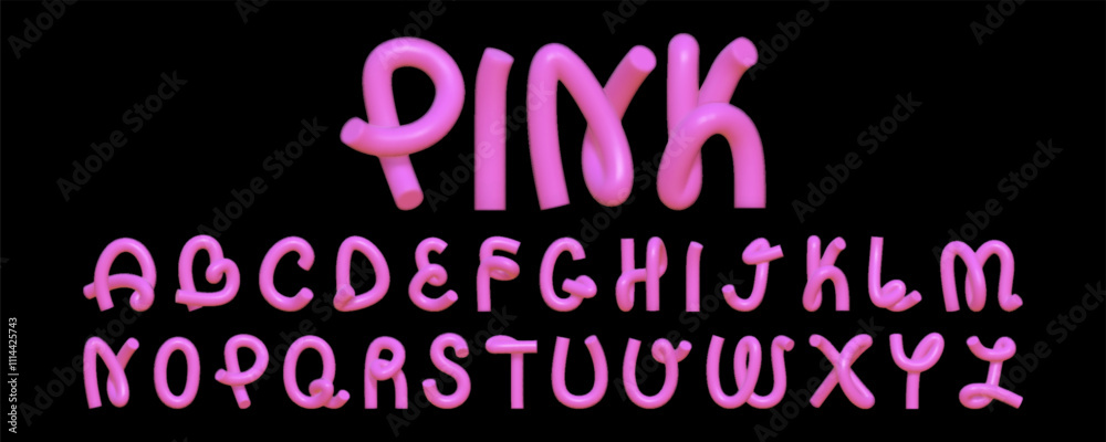 Fototapete 3d font in the shape of a curved rubber hose. a creative set of 3d english letters with a reflective