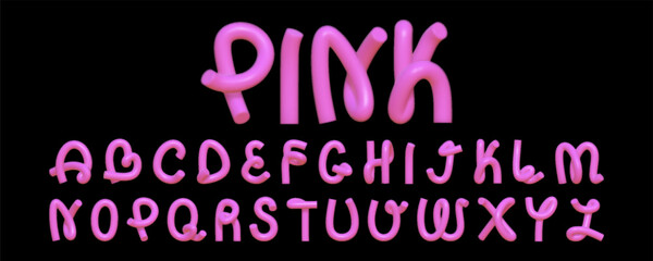 3D font in the shape of a curved rubber hose. A creative set of 3D English letters with a reflective texture in bright pink color.