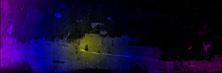 Horizontal dark background in grunge style. A shabby print of a wall with the effect of halftones and a radial gradient in neon tones.