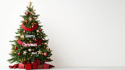 A festive Christmas tree adorned with decorations and gifts, featuring a "Merry Christmas" message.