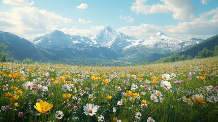 Obraz premium A picturesque landscape featuring vibrant wildflowers in a lush meadow, framed by majestic snow-capped mountains under a clear blue sky.