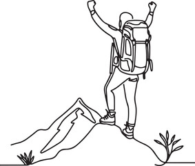 Line Art of Hiking Success Minimalist Drawing of Traveler with Backpack on Mountain Summit