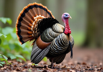 male wild turkey proudly displaying vibrant feathers strutting along forest