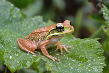 Obraz premium Green Frog Resting on Dewy Leaf