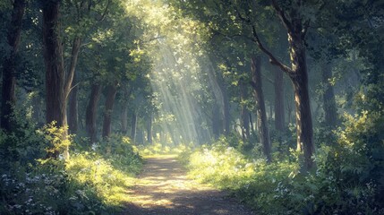 Obraz premium A serene forest path illuminated by sunlight filtering through the trees, creating a peaceful and enchanting atmosphere.