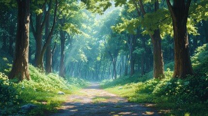 Obraz premium A serene forest pathway illuminated by dappled sunlight filtering through lush green trees.