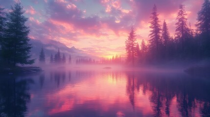 A serene lake reflects a vibrant sunset, surrounded by mist and silhouettes of evergreen trees.