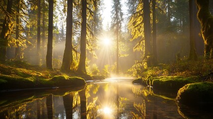 Obraz premium Sunlit Mossy Forest Stream Golden Hour Reflection