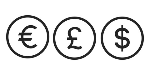 illustration of a black and white symbols, dollar, euro, pound sign outline icon vector.