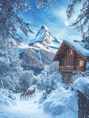 Naklejka premium Serene Winter Landscape with Snow-Covered Mountains, Cozy Cabin, and Gentle Deer in a Tranquil Setting Under a Clear Moonlit Sky