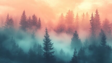 Fototapeta premium A serene forest scene at dawn, shrouded in mist with vibrant hues of orange and blue illuminating the treetops.