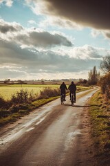 Fototapeta premium Photo of a couple taking a leisurely bike ride along a countryside road, with fields stretching into the distance.