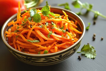 A colorful bowl filled with fresh carrots and parsley