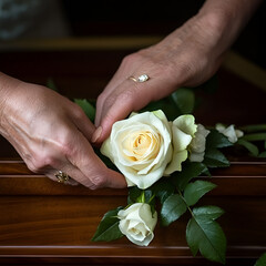 Tender hands arranging white roses on a polished wooden surface in a moment of remembrance

