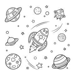 a spaceship around different planets coloring page for kids