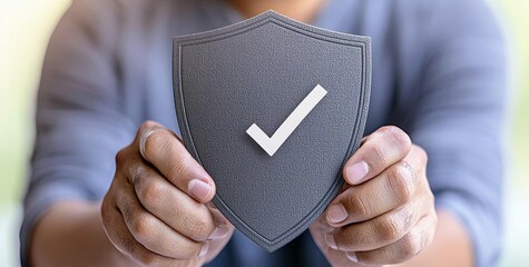 minimal photostock of a  Technology computer and internet cyber security and anti virus concept, Businessman pressing security shield with check mark icon with blurred office backg