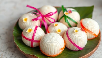 A platter of decorative steamed buns adorned with colorful ribbons and flowers.