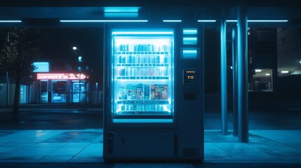 Vending machine illuminated by neon light at night. Generative AI