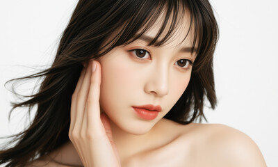 Fototapeta premium woman with natural skin and soft features, showcasing her beauty and elegance. Her long hair frames her face, enhancing her delicate expression