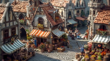 A detailed miniature market scene with charming buildings and vibrant stalls.