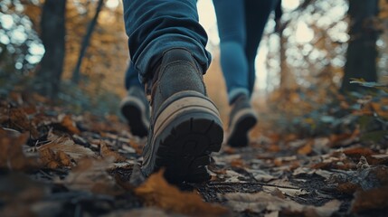 Low-angle close-up of hikers' boots on autumn trail.