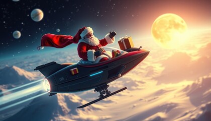 Santa flying in a futuristic rocket through space, delivering gifts.