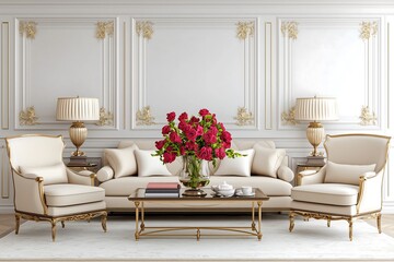 Elegant living room decor with floral arrangement luxurious home interior design cozy atmosphere