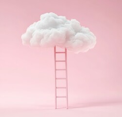 Dreamlike ladder ascending to a whimsical cloud floating in a pastel pink sky